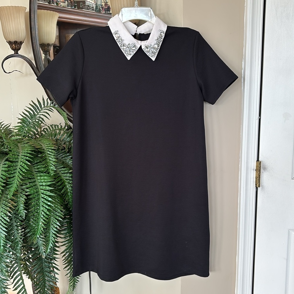 Zara Trafaluc TRF Black Shift Dress White Rhinestone Collar Wednesday Addams